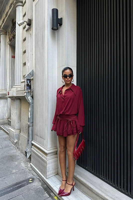 Mini Shirt Meron Cesika Fabric Dress - Burgundy