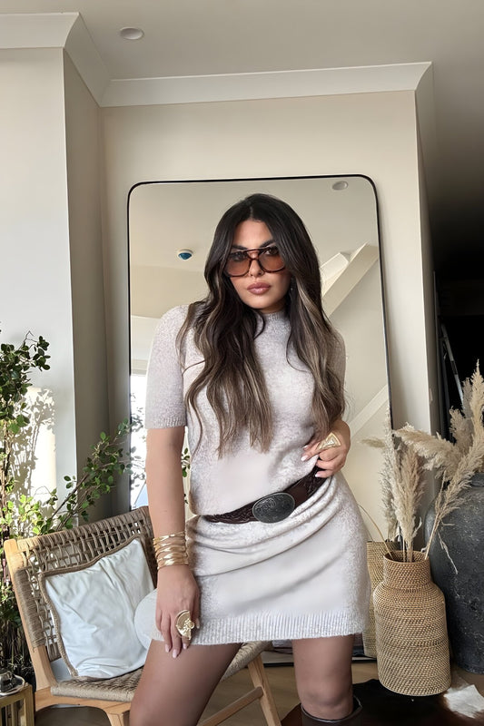 Mini Short-Sleeved Fluffy Knit Dress - Beige