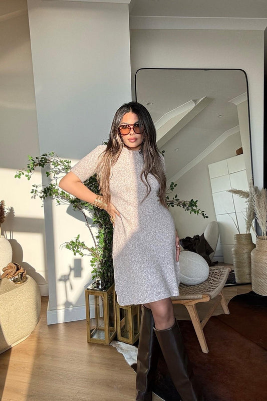 Mini Short-Sleeved Fluffy Knit Dress - Beige