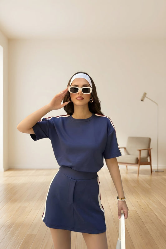Mini Skirted Shorts Crew Neck T-shirt Two-Piece Set - Navy Blue