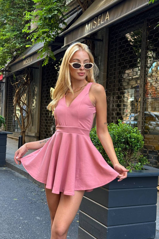 Mini Sleeveless Short-Lined Back-Detail Dress - Dusty Pink