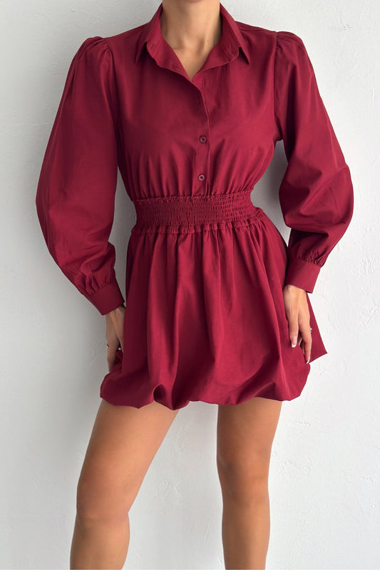 Mini Smocked-Waist Balloon-Skirt Shirt Dress - Burgundy