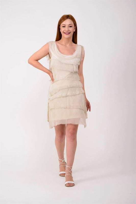 Mini Stone Washed Silk Tier Detail Dress - Cream
