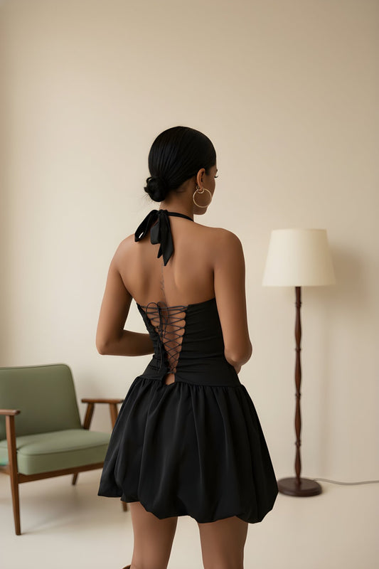 Mini Strapless Halter Neck Shorts Dress - Black