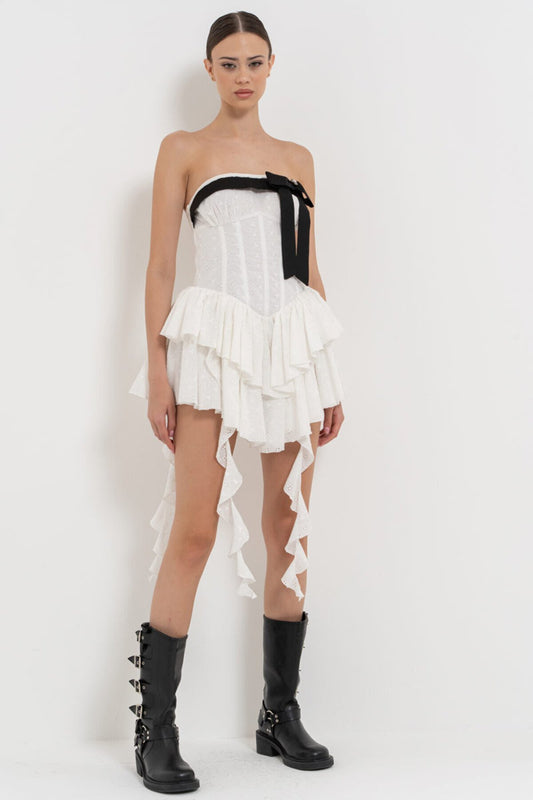 Mini Strapless Ruffle Detail Dress - Off White