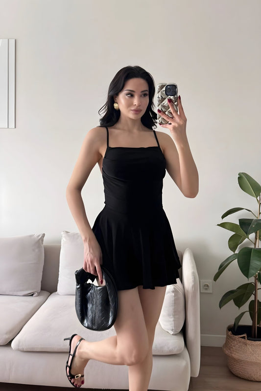 Mini Strappy Skirt-Short Dress - Black