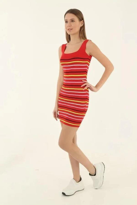 Mini Stretchy Square Neck Dress - Red