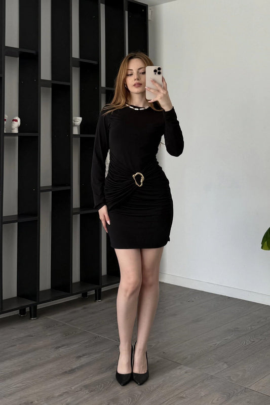 Mini Waist Brooch Detail Dress - Black