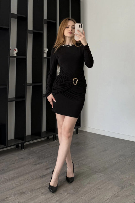 Mini Waist Brooch Detail Dress - Black
