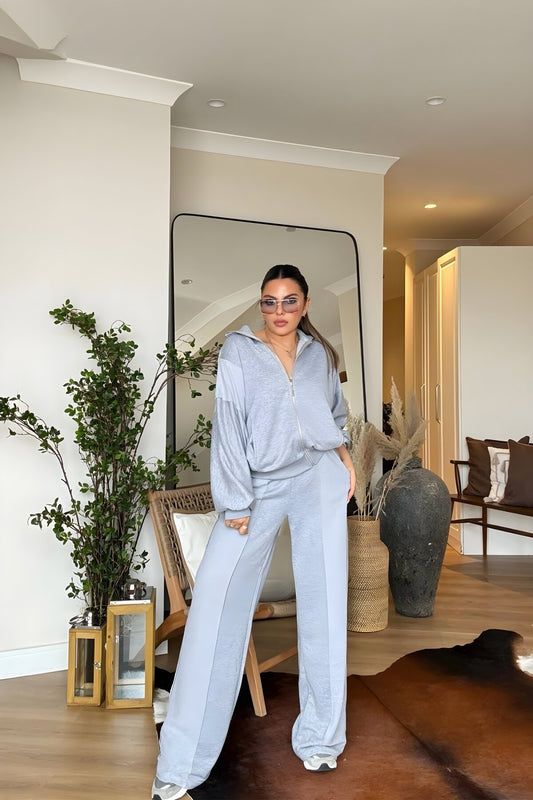 Mock Neck Reverse Weave Tracksuit Set - Grey