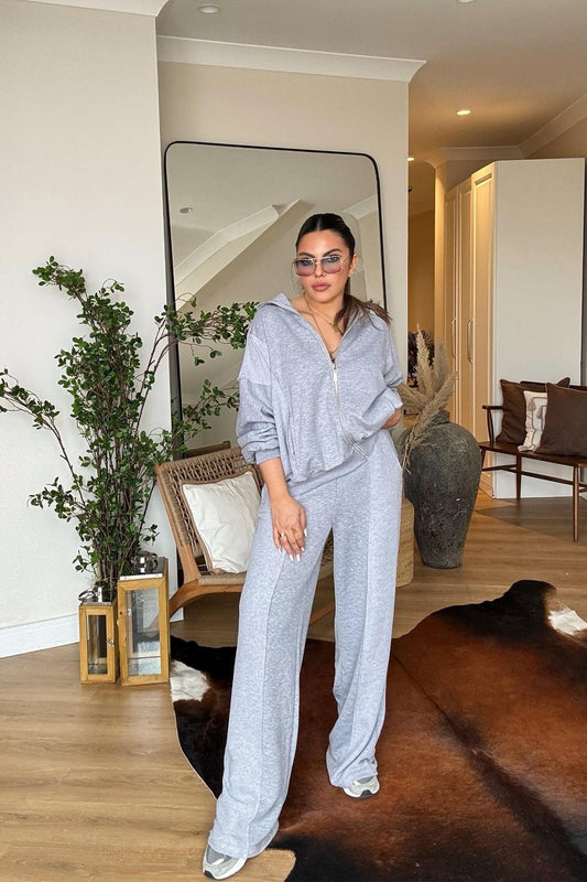 Mock Neck Reverse Weave Tracksuit Set - Grey