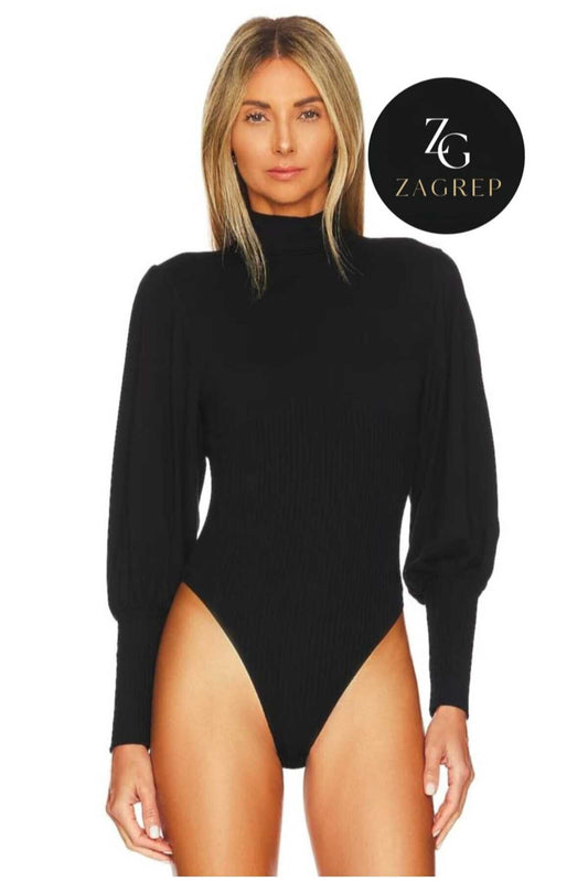 Mock Neck Ruched Cuffed Sleeve Bodysuit - Black