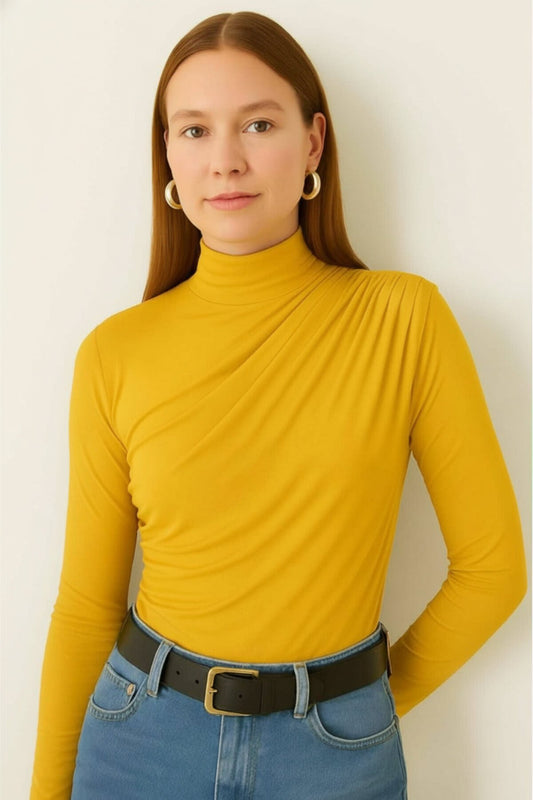Mock Neck Ruched Detail Blouse - Yellow