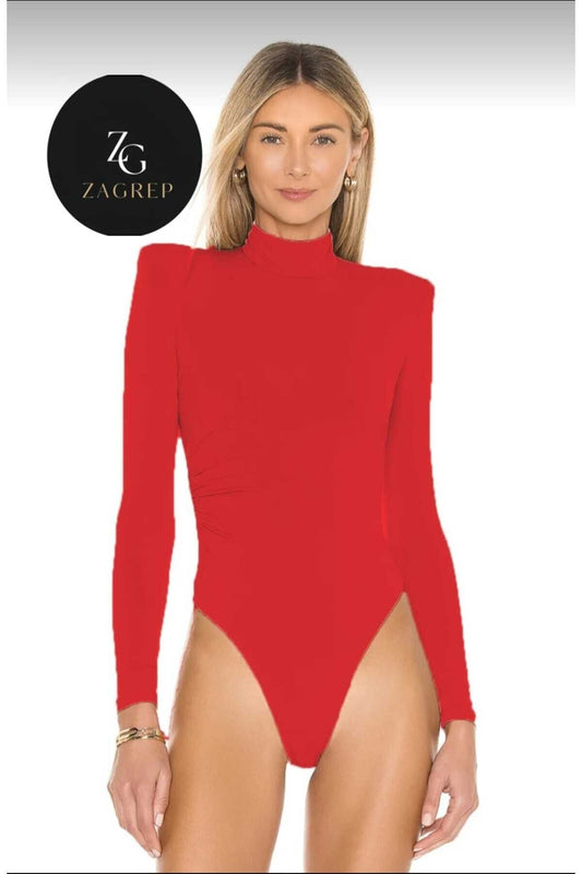 Mock Neck Side Ruched Bodysuit - Red