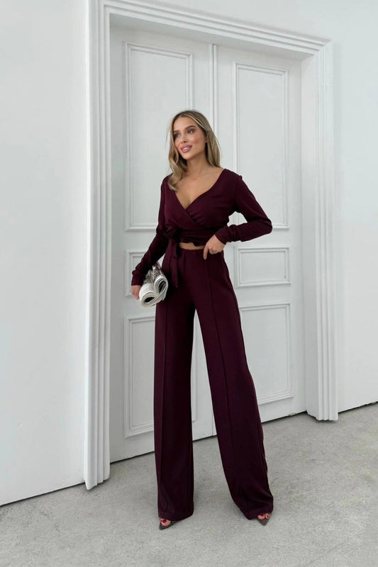 Modal Wrap-Neck Tie-Detail Set - Burgundy
