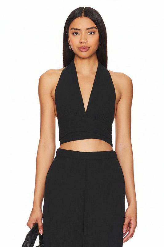Neck and Waist Tie-Detail Crop Top - Black