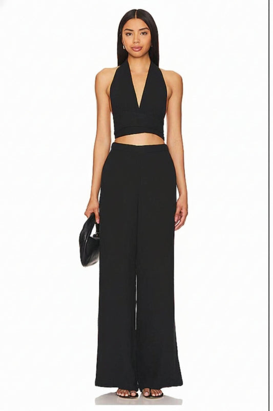 Neck and Waist Tie-Detail Crop Top - Black