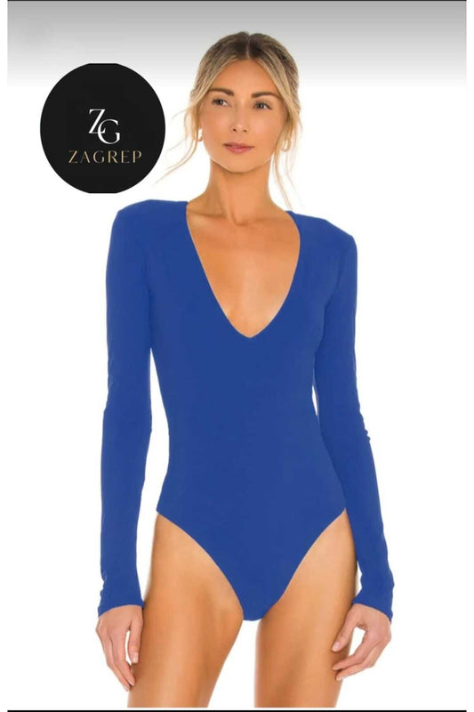 Non-Sheer Double-Layered Jersey V-Neck Bodysuit - Sapphire Blue