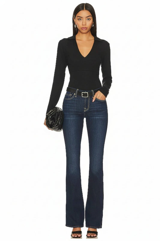 Not See-Through Polo Collar V-Neck Blouse - Black