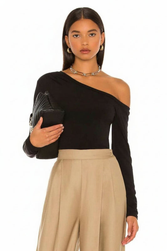 One-Shoulder Drop-Sleeve Jersey Blouse - Black