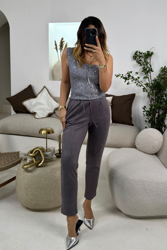 One Shoulder Sequined Blouse - Light Anthracite