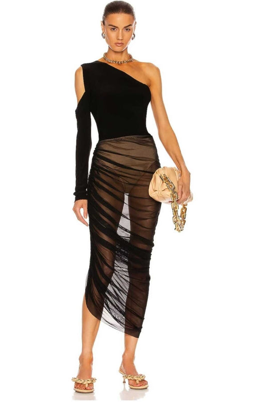 One Shoulder Sleeve Detail Blouse - Black