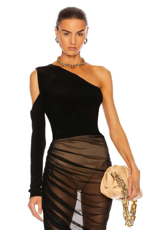 One Shoulder Sleeve Detail Blouse - Black