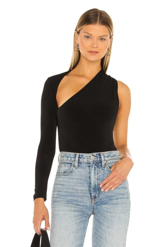 One-Sleeve Silk Jersey Plunge Bodysuit - Black