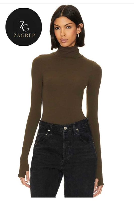 Opaque Imported Jersey Turtleneck Bodysuit - Khaki