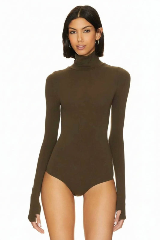Opaque Imported Jersey Turtleneck Bodysuit - Khaki