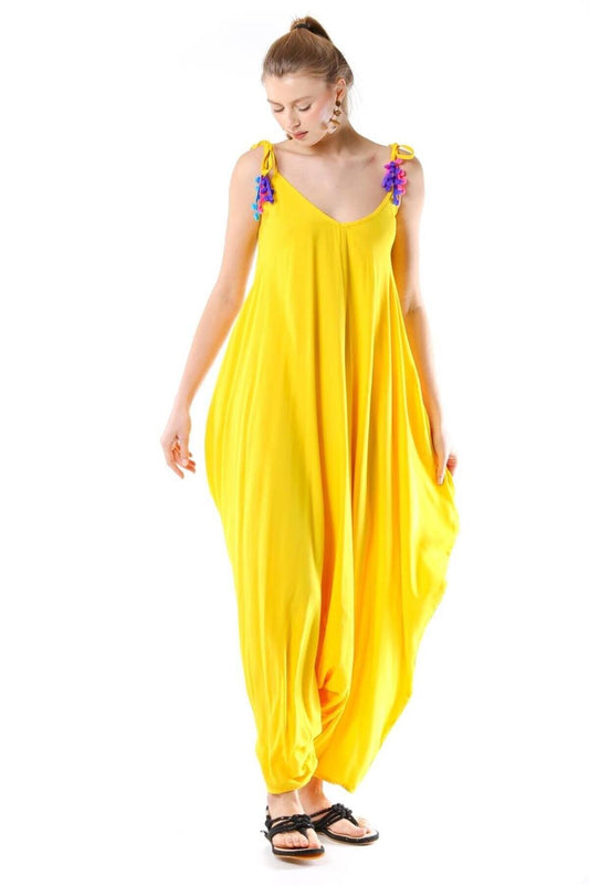 Oversize Eyes Adjustable Shoulder Straps Jumpsuit - Yellow