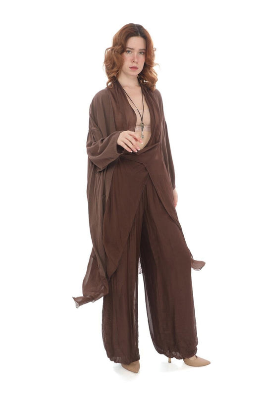 Oversize Italian Silk Detail Blouse - Brown