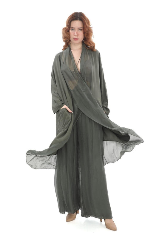 Oversize Italian Silk Detailed Kap Tunic and Pants Set - Khaki