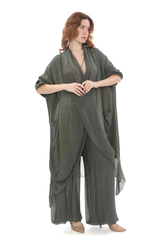 Oversize Italian Silk Detailed Kap Tunic and Pants Set - Khaki