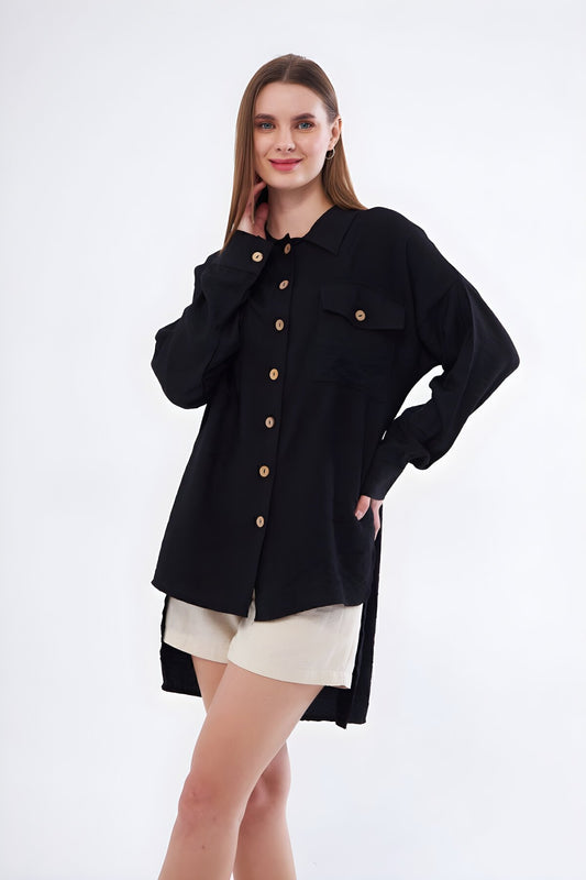 Oversize Long-Back Linen Pleated Sleeves Tunic Shirt - Black