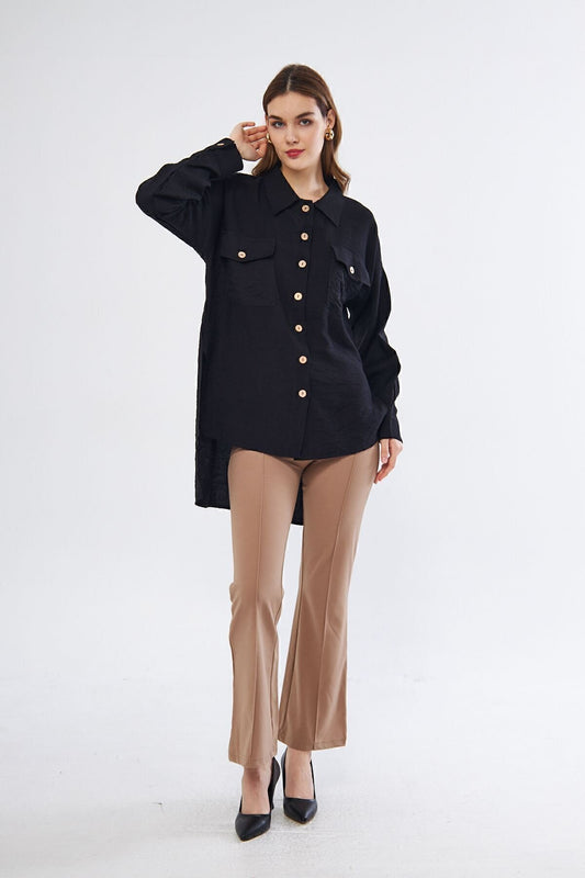 Oversize Long-Back Linen Pleated Sleeves Tunic Shirt - Black