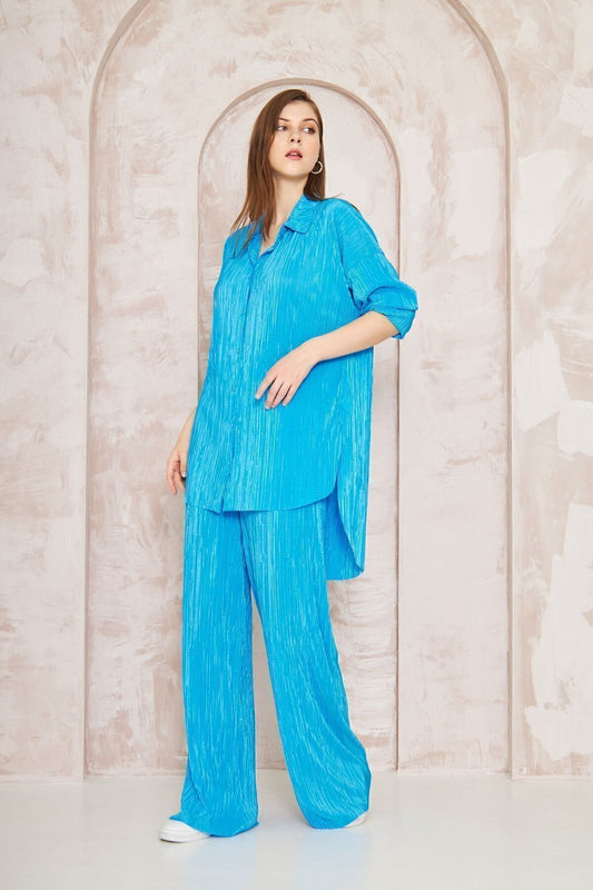 Oversize Loose Crinkle Stretchy Tunic and Trousers Set - Blue