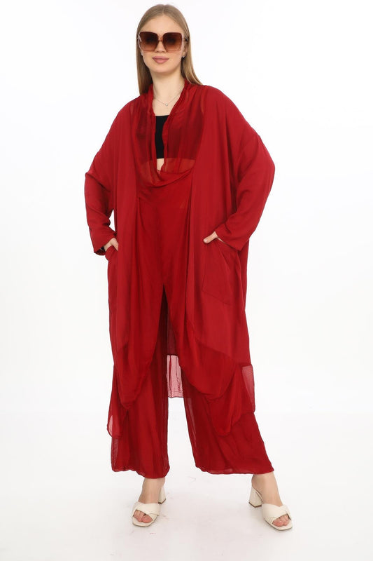 Oversize Silk Detailed Blouse Wes Pants Two-Piece Set - Burgundy