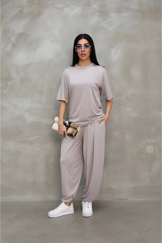 Oversize Soft Textured Crew Neck T-shirt Jogger Set - Grey