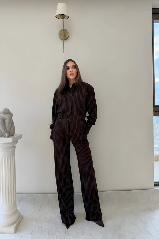 Oversize Striped Crepe Set - Brown
