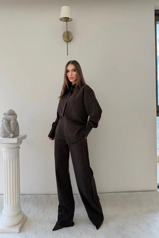 Oversize Striped Crepe Set - Brown