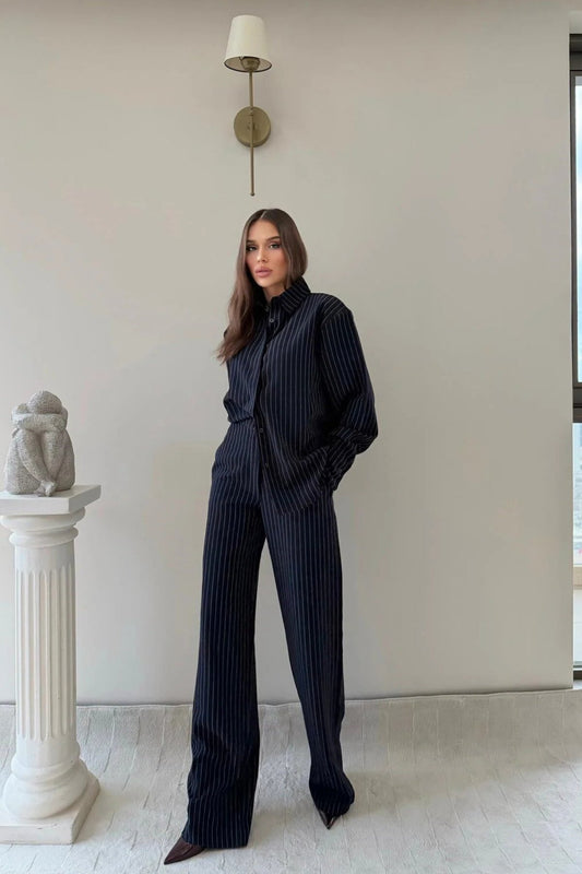 Oversize Striped Crepe Two-piece Set - Navy Blue