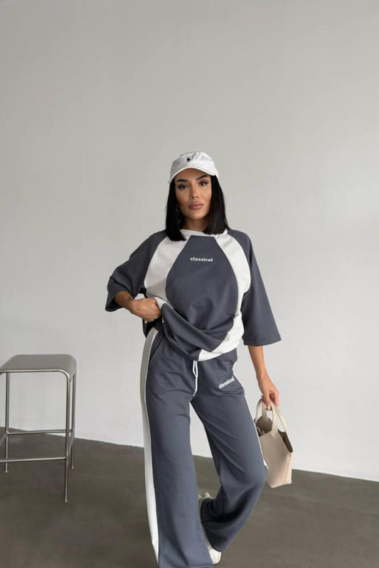 Oversize Writing Detail Tracksuit - Grey