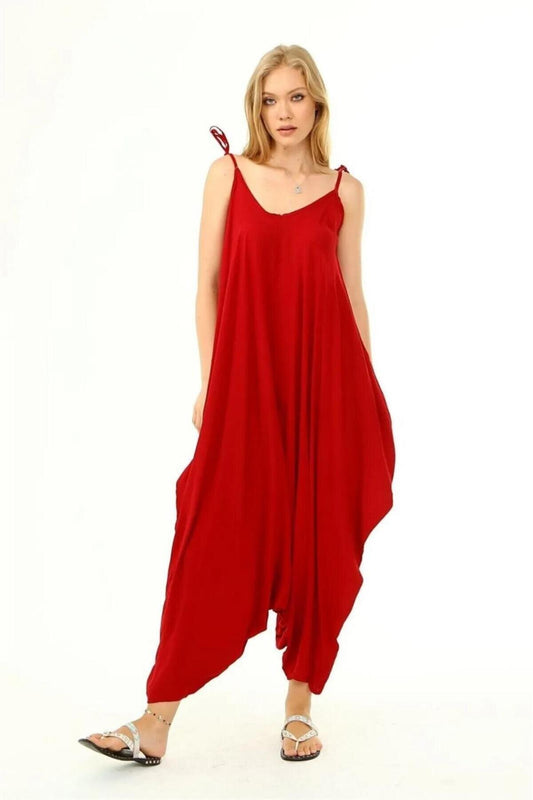 Oversized Adjustable Shoulder Strap Jumpsuit - Red