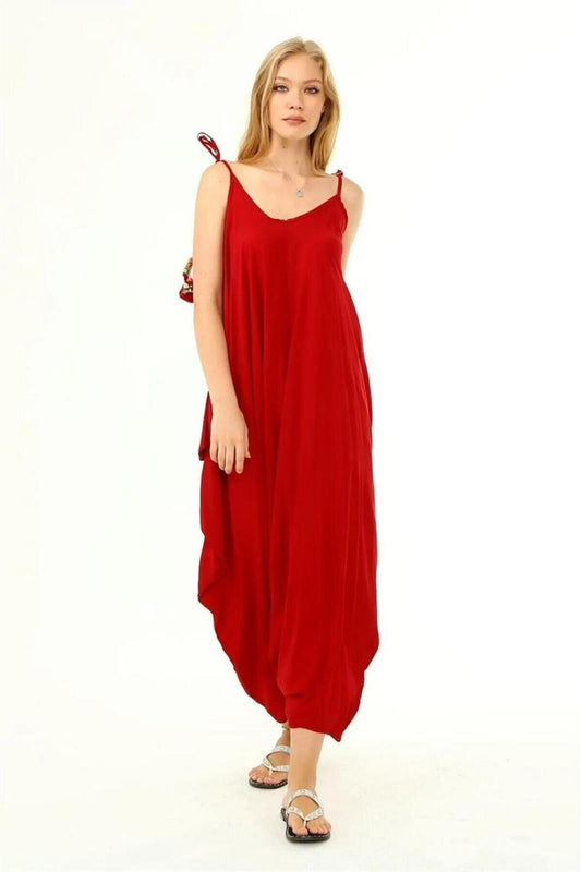 Oversized Adjustable Shoulder Strap Jumpsuit - Red