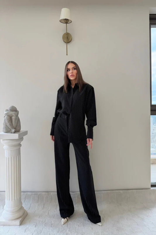 Oversized Striped Crepe Set - Black