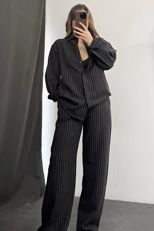 Oversized Striped Shirt and Pants Set - Black