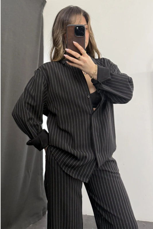 Oversized Striped Shirt and Pants Set - Black