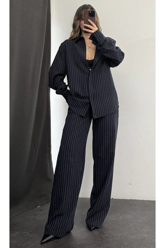 Oversized Striped Two-Piece Set - Navy Blue