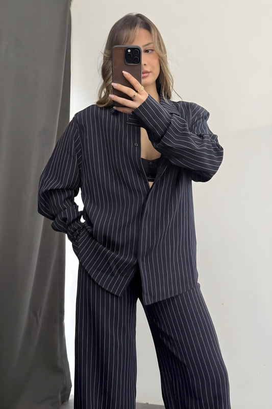 Oversized Striped Two-Piece Set - Navy Blue